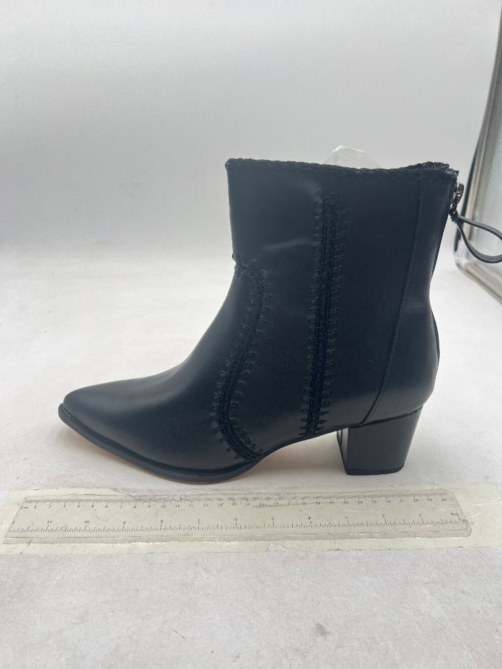 Black Women Pointed Toe Block Low Heel Ankle Boots Back Zipper Booties